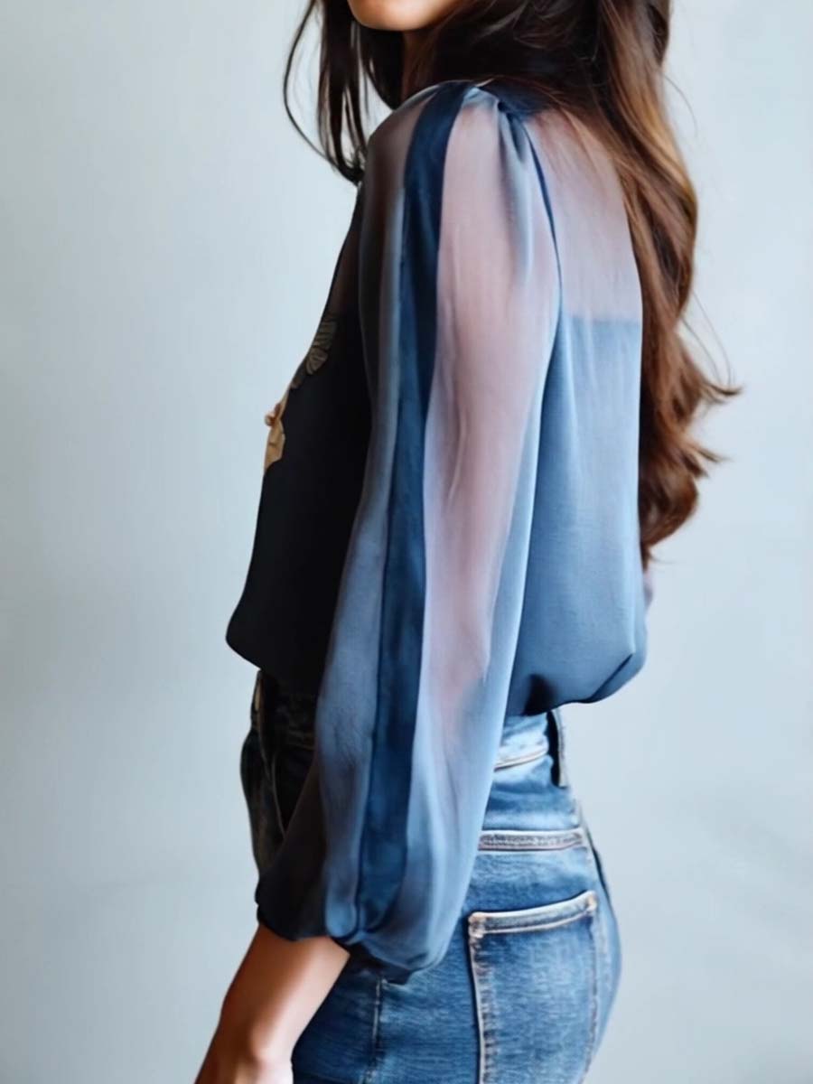 Elegant women's blouse, V-neck floral embroidered with sheer long sleeves. Feminine chic apparel.
