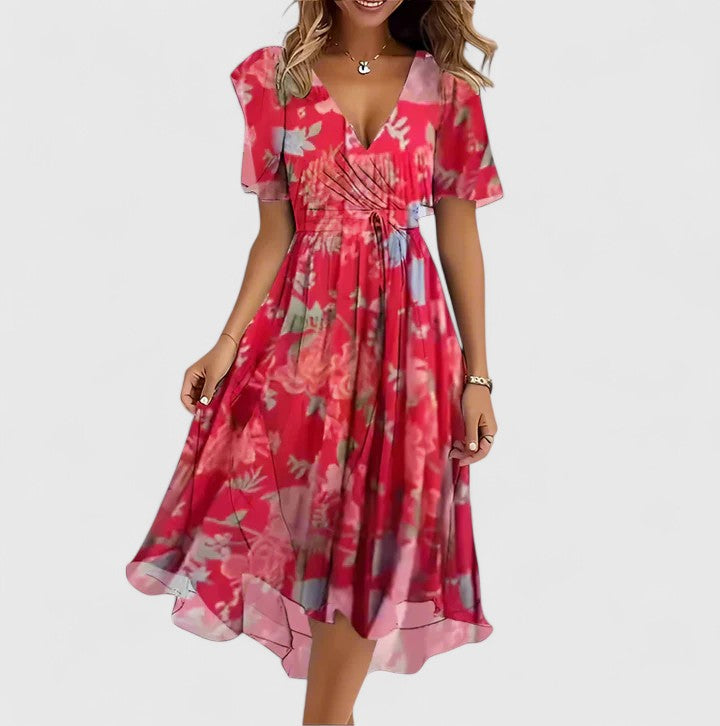 Beautiful floral flutter sleeve midi dress for women, a comfortable V-neck design for spring and summer fashion.