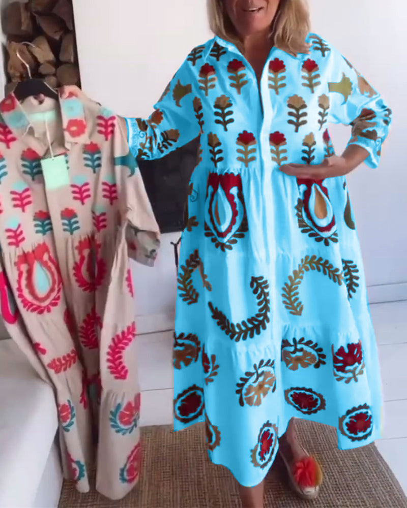 Pretty floral graphic midi dress for women, flowy fabric, comfortable summer or vacation wear.