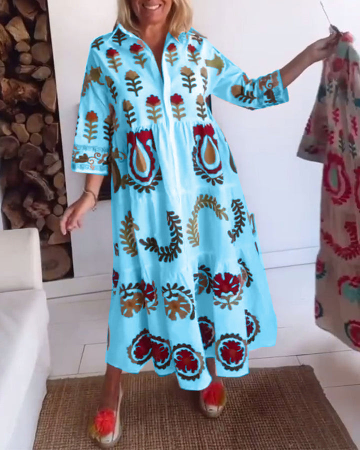 Women's A-line midi dress, bold floral graphic print, chic lapel collar, great for summer.