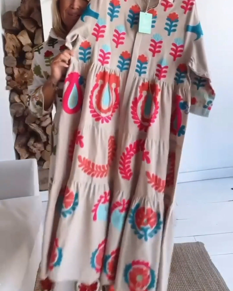 Vibrant floral graphic midi dress for women, A-line cut, perfect casual summer style.