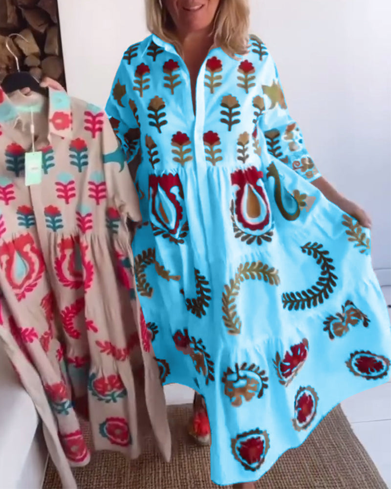 Flowy women's midi dress featuring vibrant floral graphic print, ideal for vacation outfits.