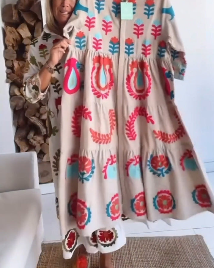 Comfortable A-line midi dress for women, with elegant lapel collar and beautiful floral graphic.