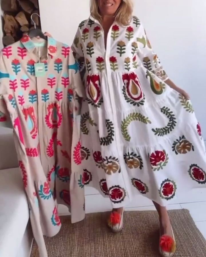 Summer-ready women's floral midi dress, graphic print, A-line, lapel collar, comfortable fit.