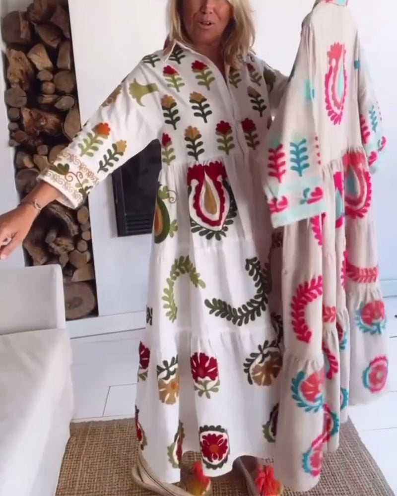 Vacation-perfect women's floral graphic midi dress, flowy A-line, easy casual wear.