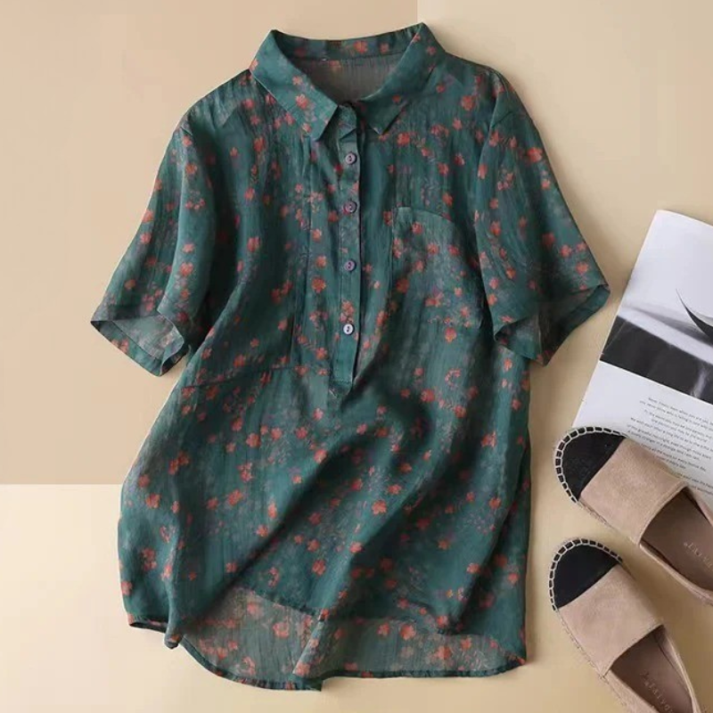 Women's floral half-placket shirt with elegant button details, perfect for a casual chic summer look.