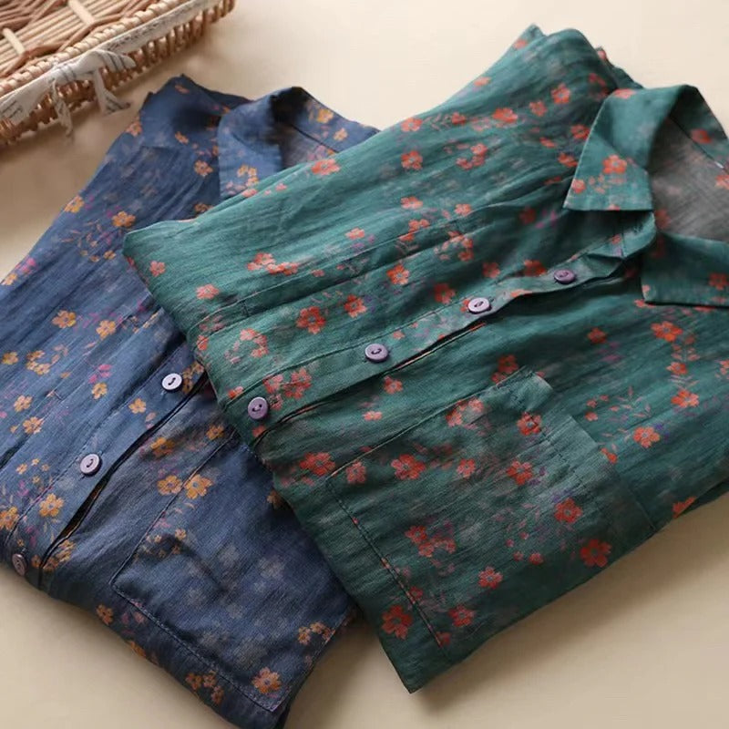 Stylish women's printed floral shirt, featuring a half-placket design and button accents, ideal for summer outfits.