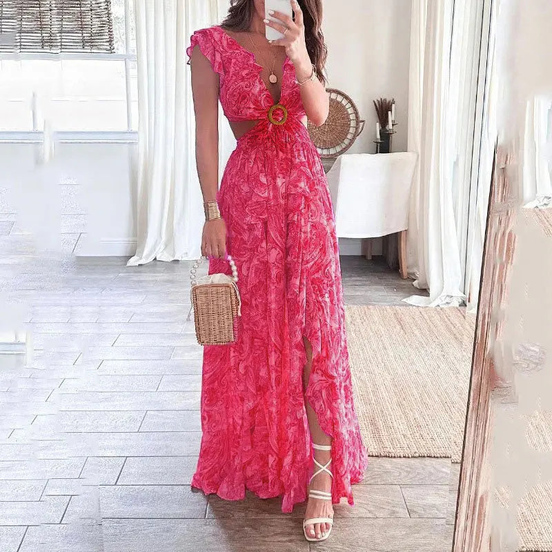 Vibrant floral print maxi dress for women with graceful ruffle sleeves. A chic bohemian summer vacation dress.