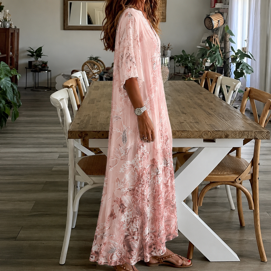 Comfortable women's floral maxi dress with half sleeves, perfect for summer casual wear & vacation outfits.