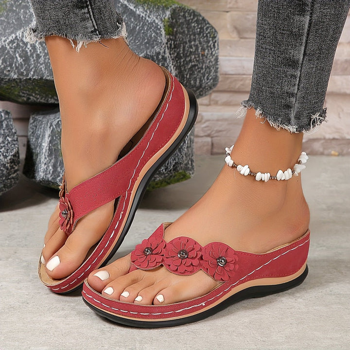 Women's comfortable floral platform wedge sandals; easy slip-on summer shoes.