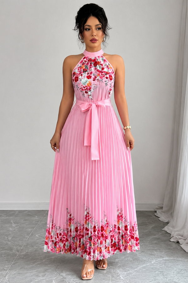 Women's floral pleated square neck midi dress for elegant summer style.
