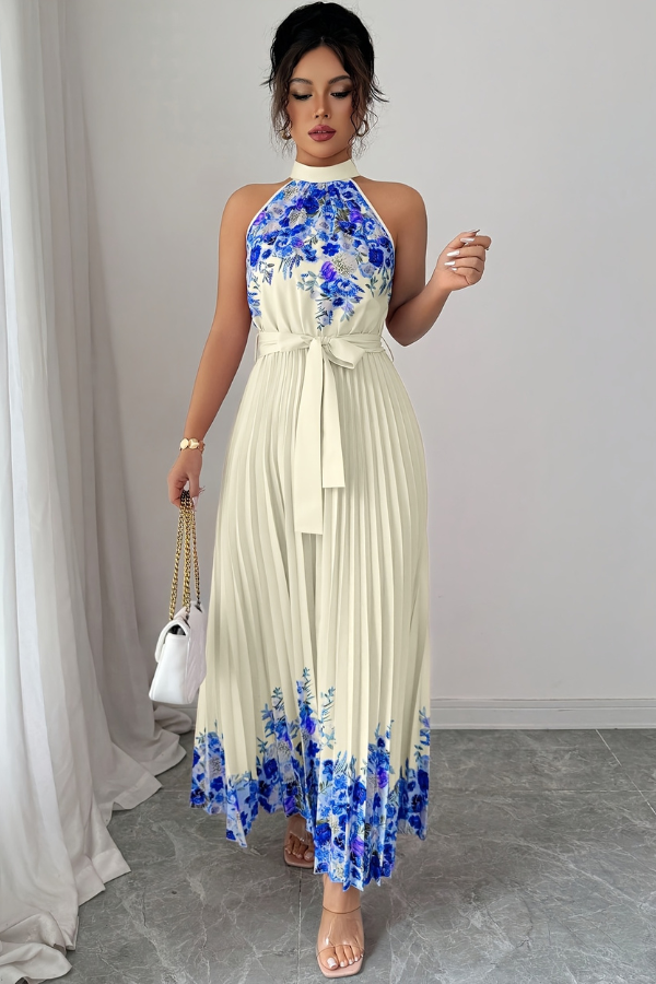 Women's elegant floral pleated midi dress for sophisticated summer evenings.