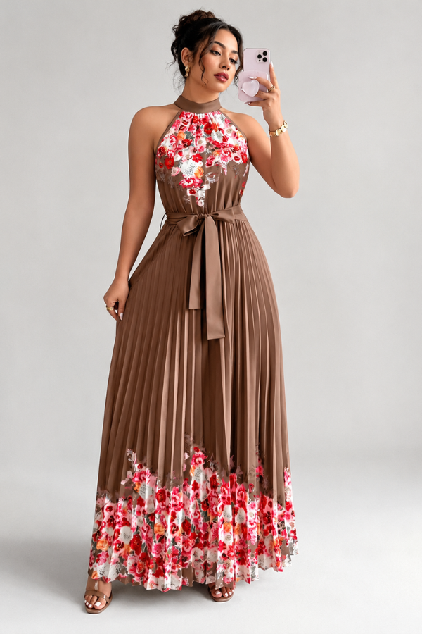 Feminine floral print midi dress featuring a square neckline and graceful pleats.