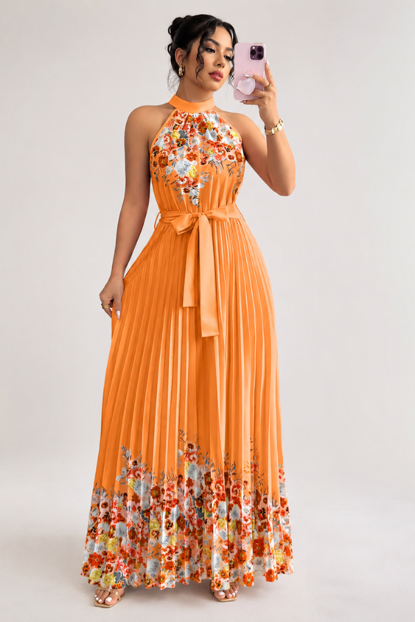 Comfortable women's floral pleated midi dress, great for day-to-night wear.