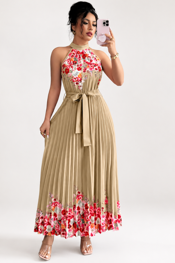 Flowy vacation wear: floral pleated midi dress with a chic square neck design.