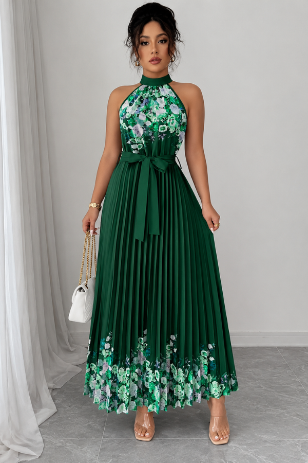Beautiful women's floral midi dress, sleeveless, pleated, and square-necked.