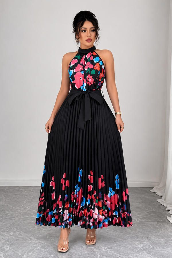 Stylish floral pleated square neck midi dress, excellent for summer occasions.