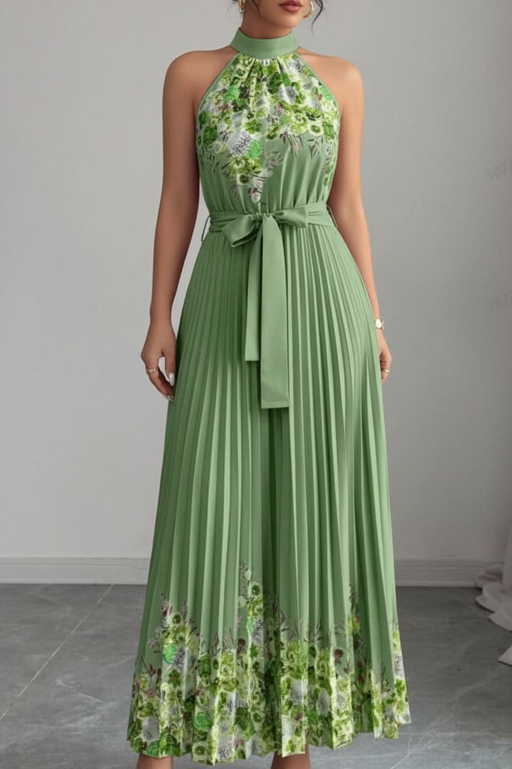 Women's elegant floral dress, pleated with a square neck, ideal for vacation.