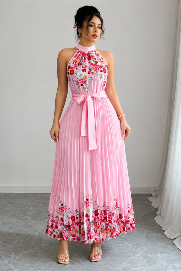 Chic pleated floral dress, perfect for vacation wear and warm weather.
