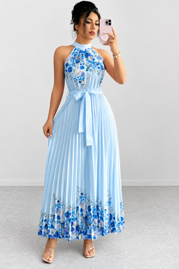 Elegant women's square neck midi dress with vibrant floral pattern.