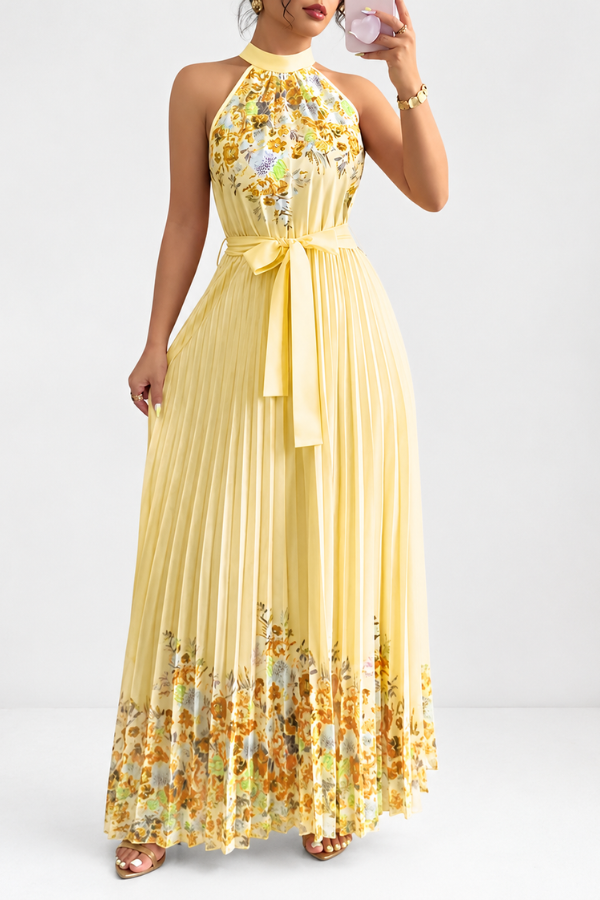 Vacation-ready floral square neck midi dress with comfortable pleats.