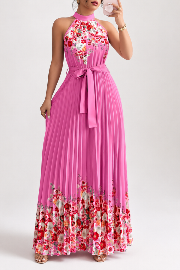 Stylish pleated midi dress with an eye-catching floral design and square neck.