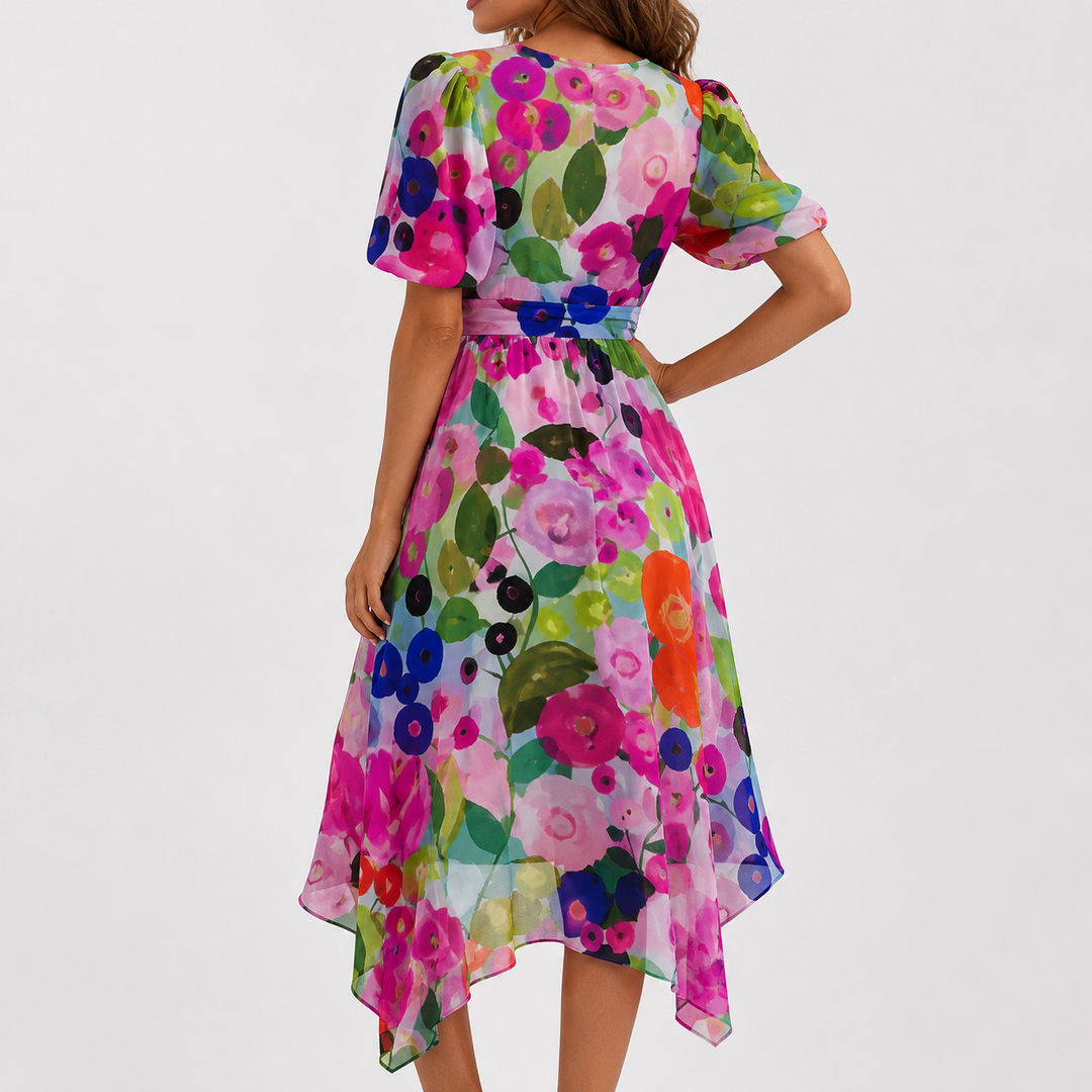 Close-up of a women's floral midi dress, highlighting the plunge V-neckline and delicate flutter sleeves.