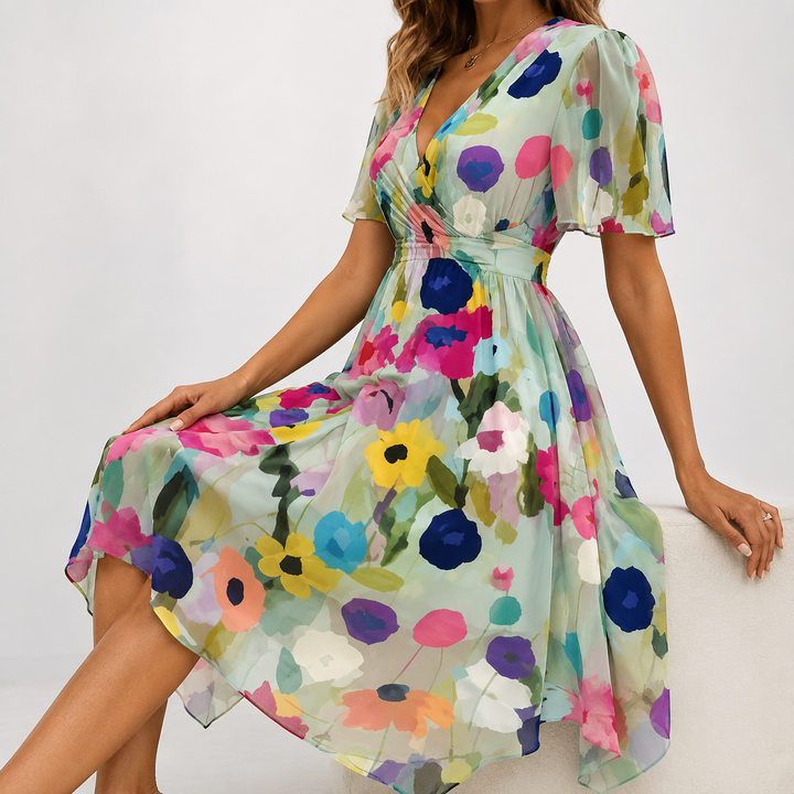 Lightweight women's floral midi dress with flutter sleeves & plunge V-neck. Perfect for warm weather & events.