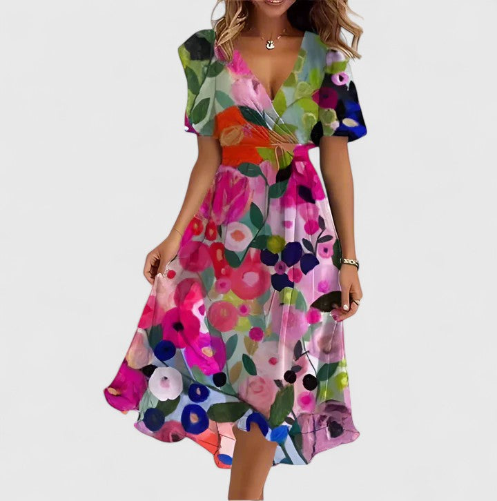 Stunning women's floral midi dress: plunge V-neck, flutter sleeves. Elegant design, perfect for summer parties.