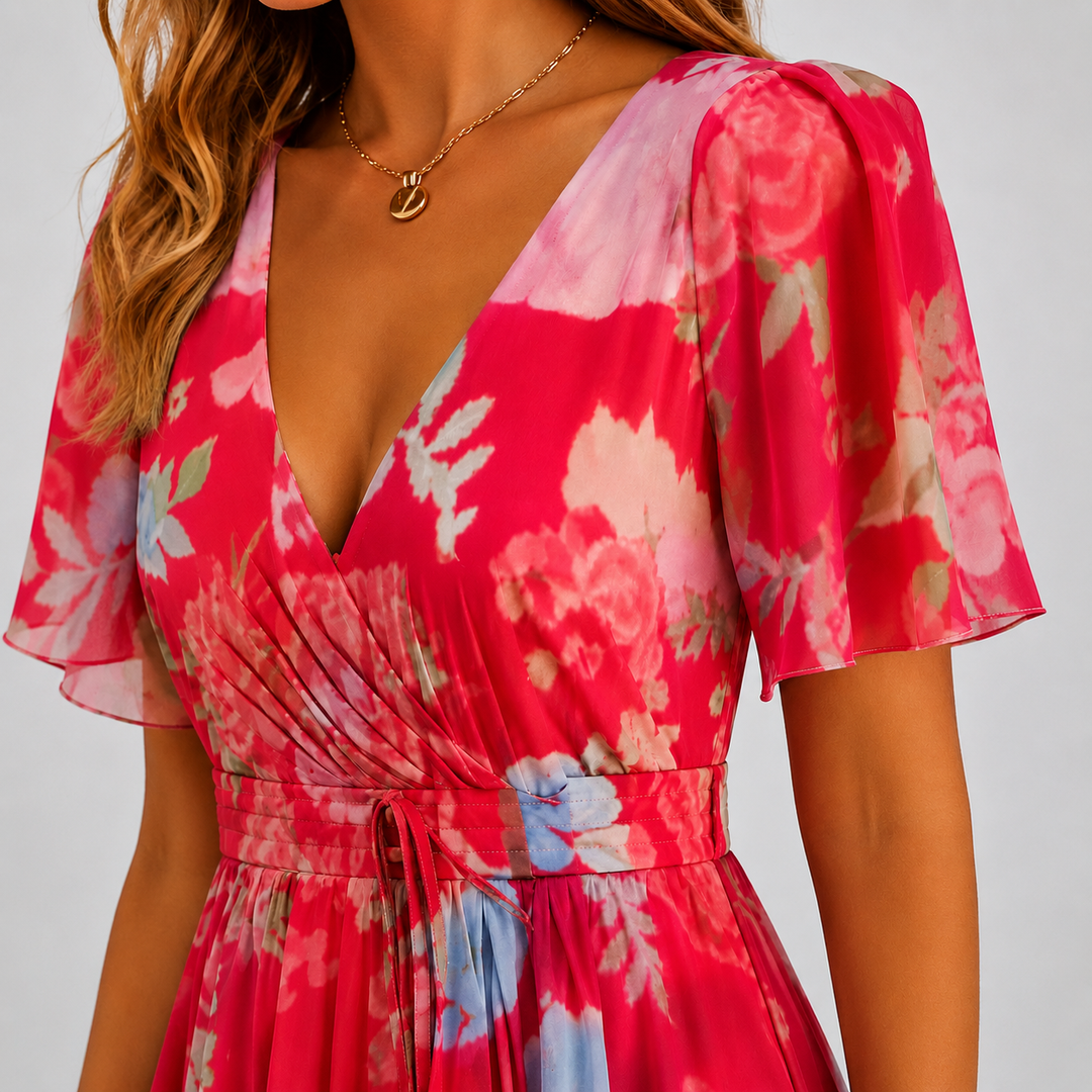 Elegant floral midi dress for women. Features a deep V-neck and delicate flutter sleeves. Ideal for occasions.