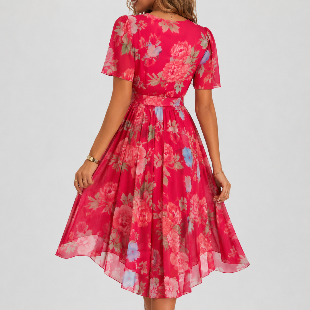 Flowy women's floral midi dress with stylish flutter sleeves and a flattering plunge V-neck for summer.