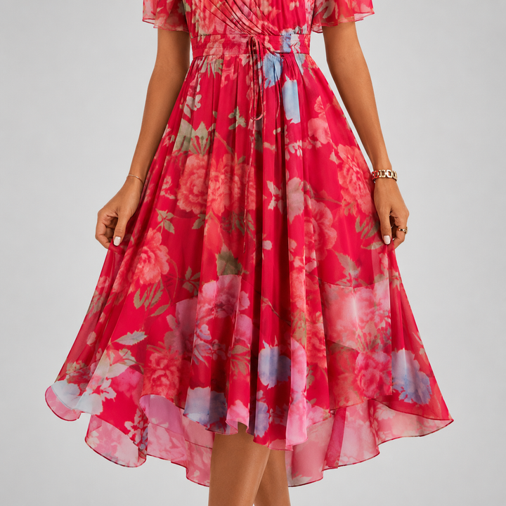 Gorgeous floral plunge V-neck midi dress for women. Perfect for garden parties & summer elegant occasions.