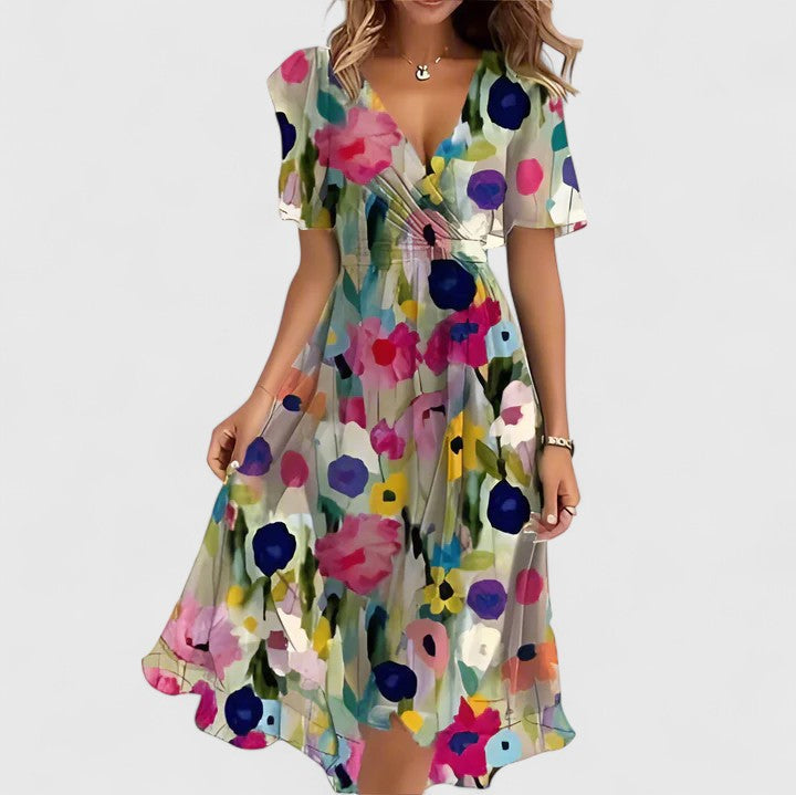 Elegant women's floral midi dress with a plunge V-neck, flutter sleeves, and a graceful flowy silhouette.