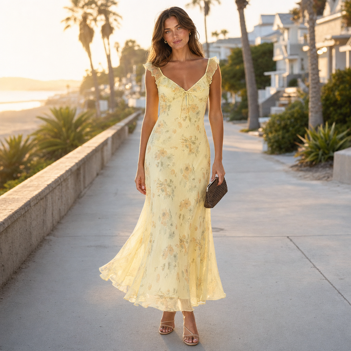 Elegant women's backless floral summer dress, ideal for beach casual wear or resort outings.