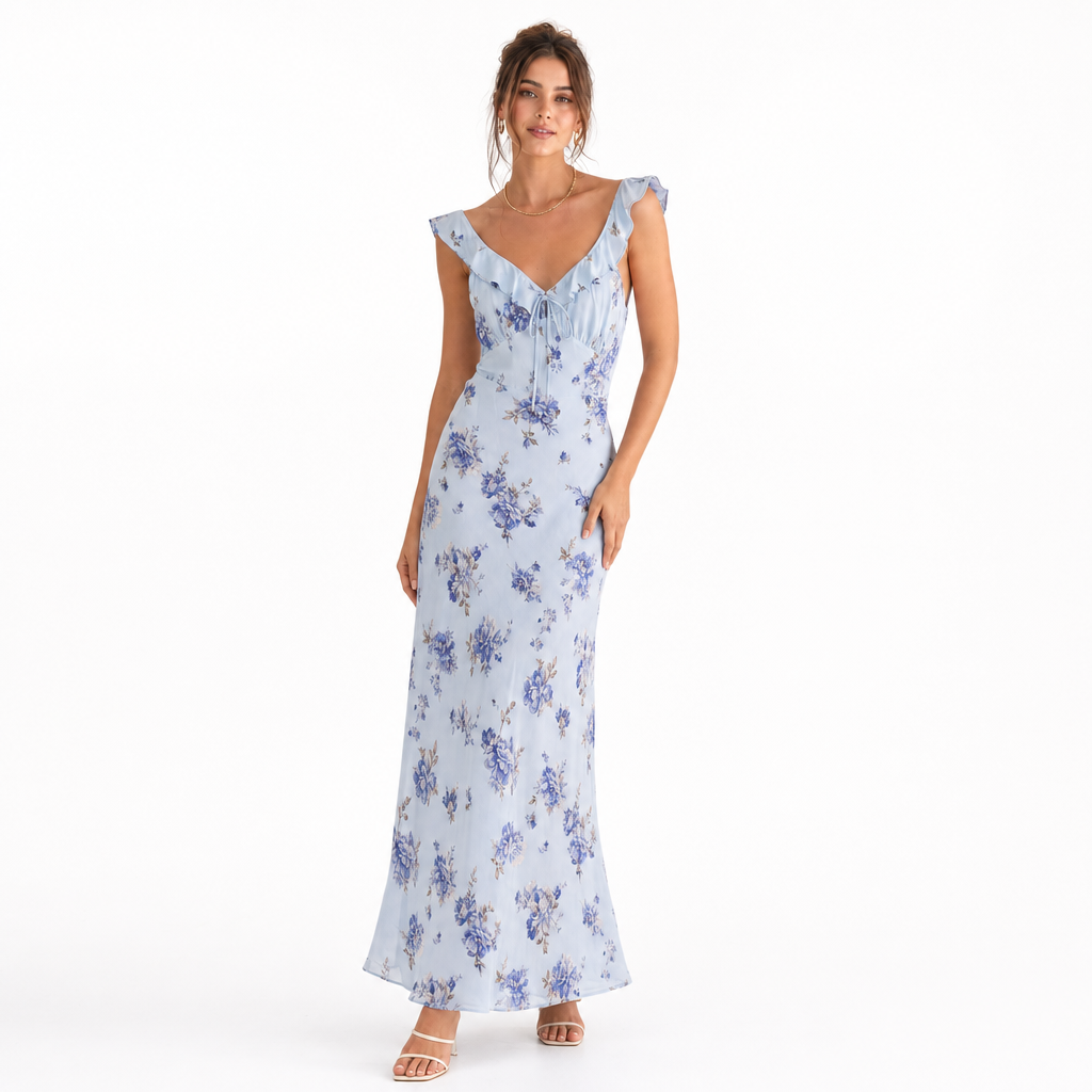 Chic women's floral sun dress, backless design for a breezy vacation look. Sleeveless beachwear.