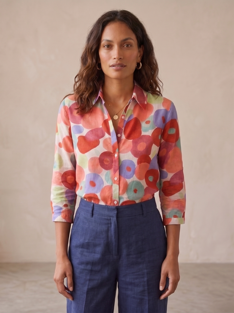 Casual women's floral print button-down blouse. Features relaxed fit and stylish roll-tab sleeves for versatile wear.