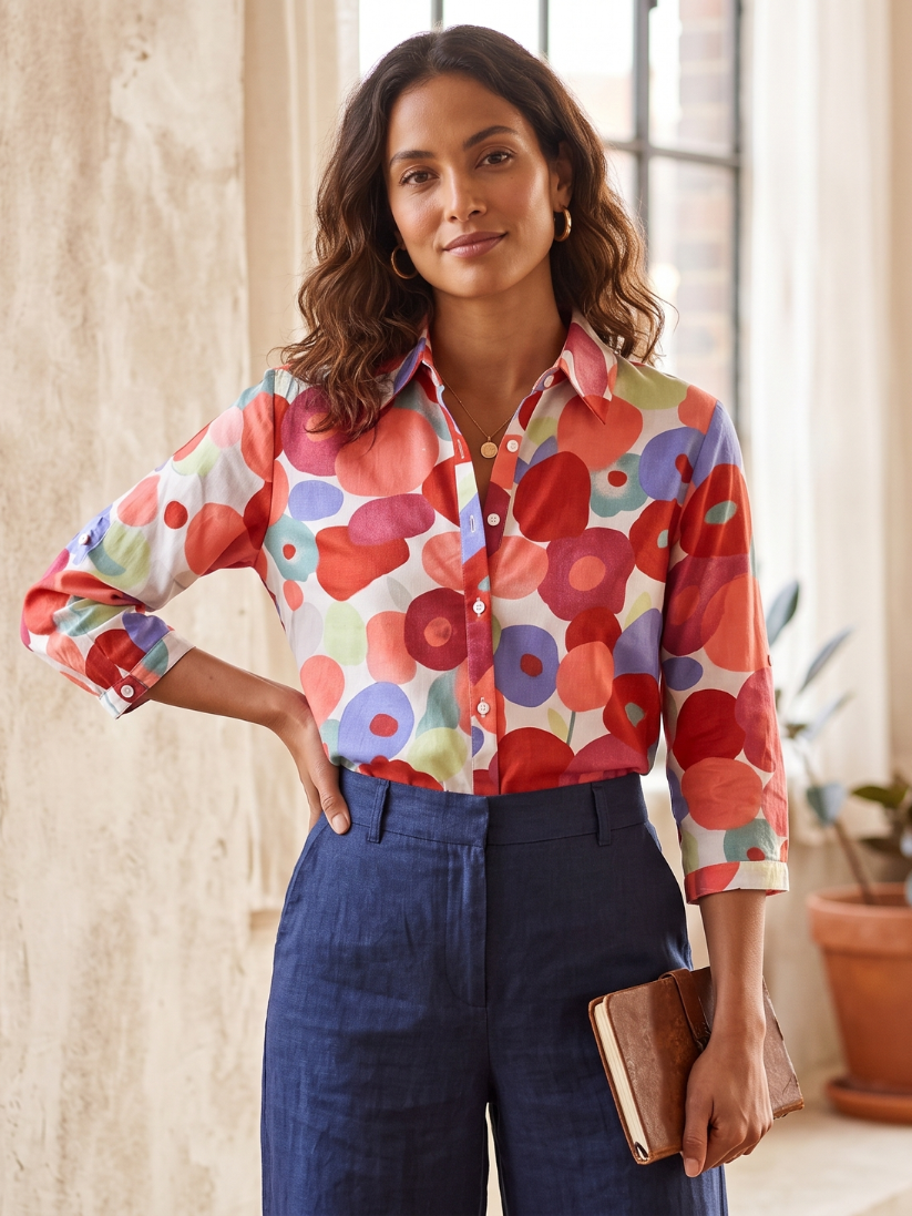 Lightweight women's floral button-down blouse with comfortable relaxed fit & functional roll-tab sleeves. Spring style.