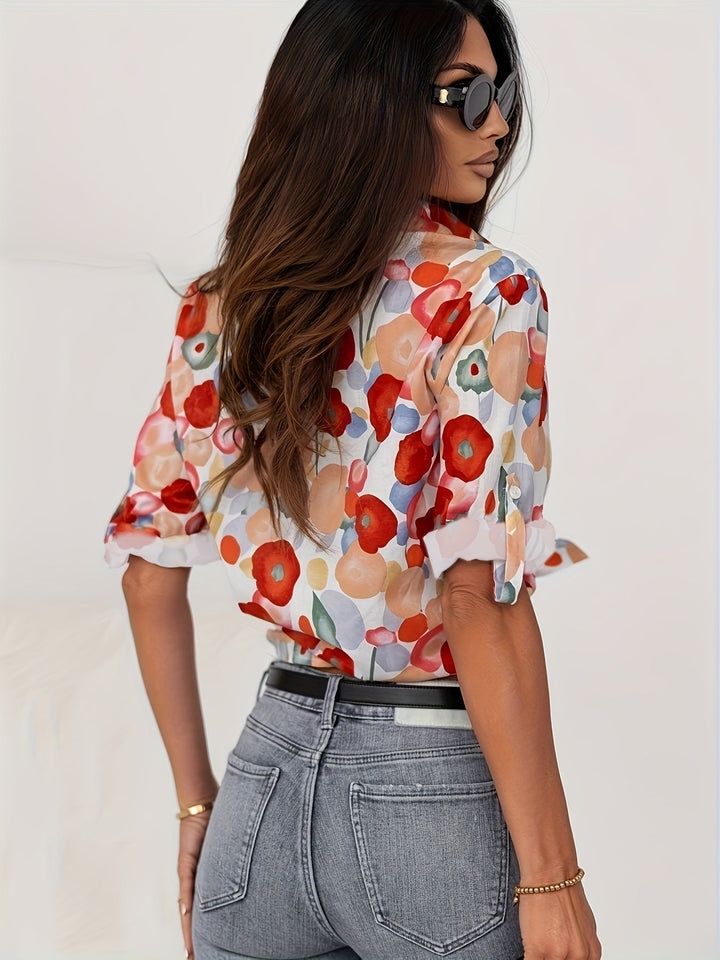 Relaxed fit women's floral button-down long sleeve top, a versatile piece for smart casual spring outfits.