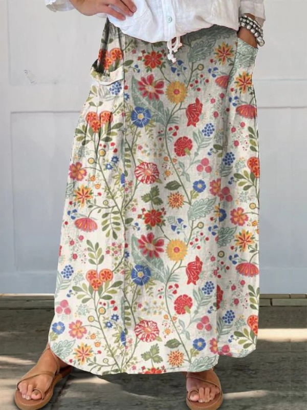 Women's floral print maxi A-line skirt with elastic waistband & pockets, perfect for summer casual wear.