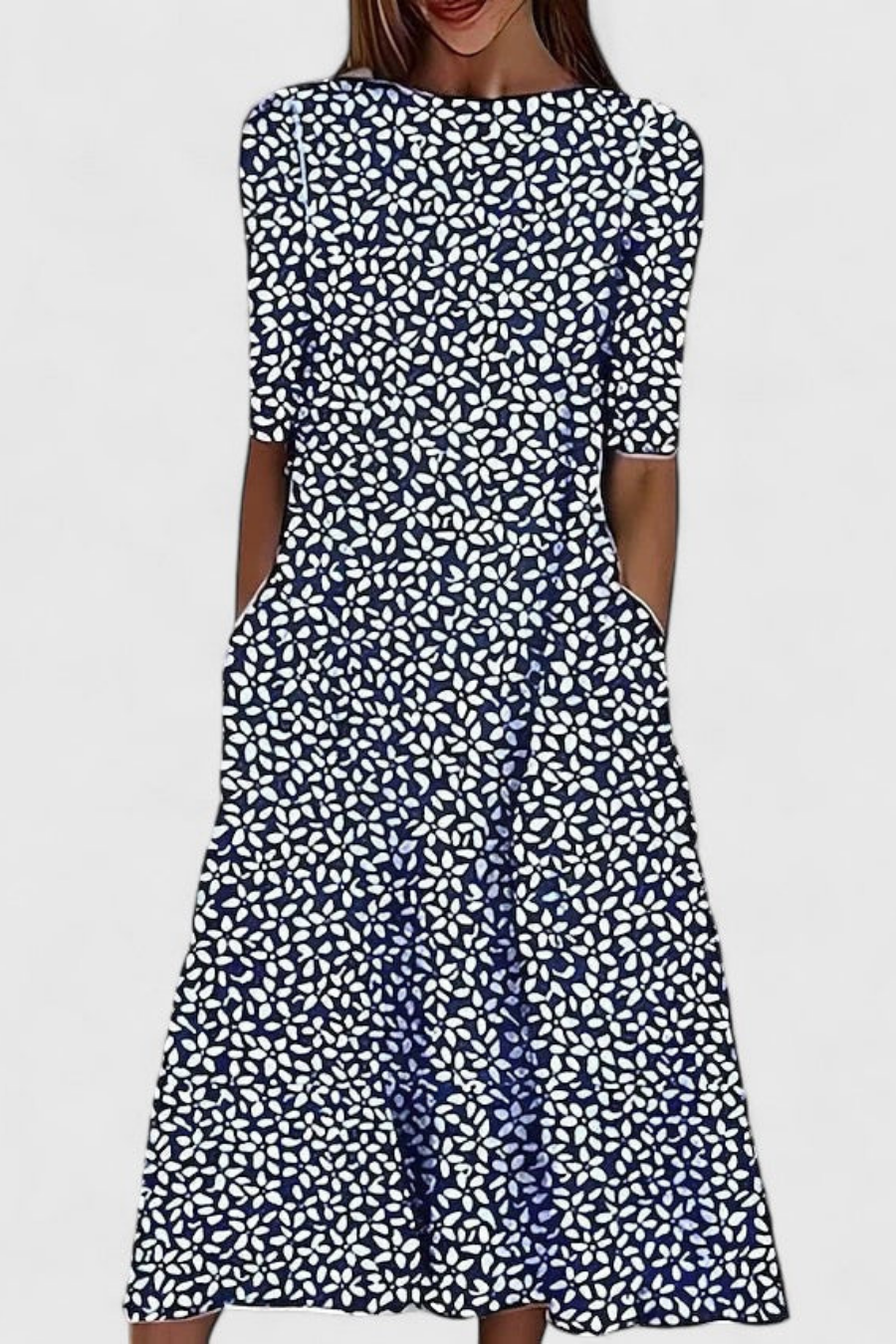 Comfortable women's floral print midi A-line dress, relaxed fit, short sleeve, with essential pockets. Summer style.