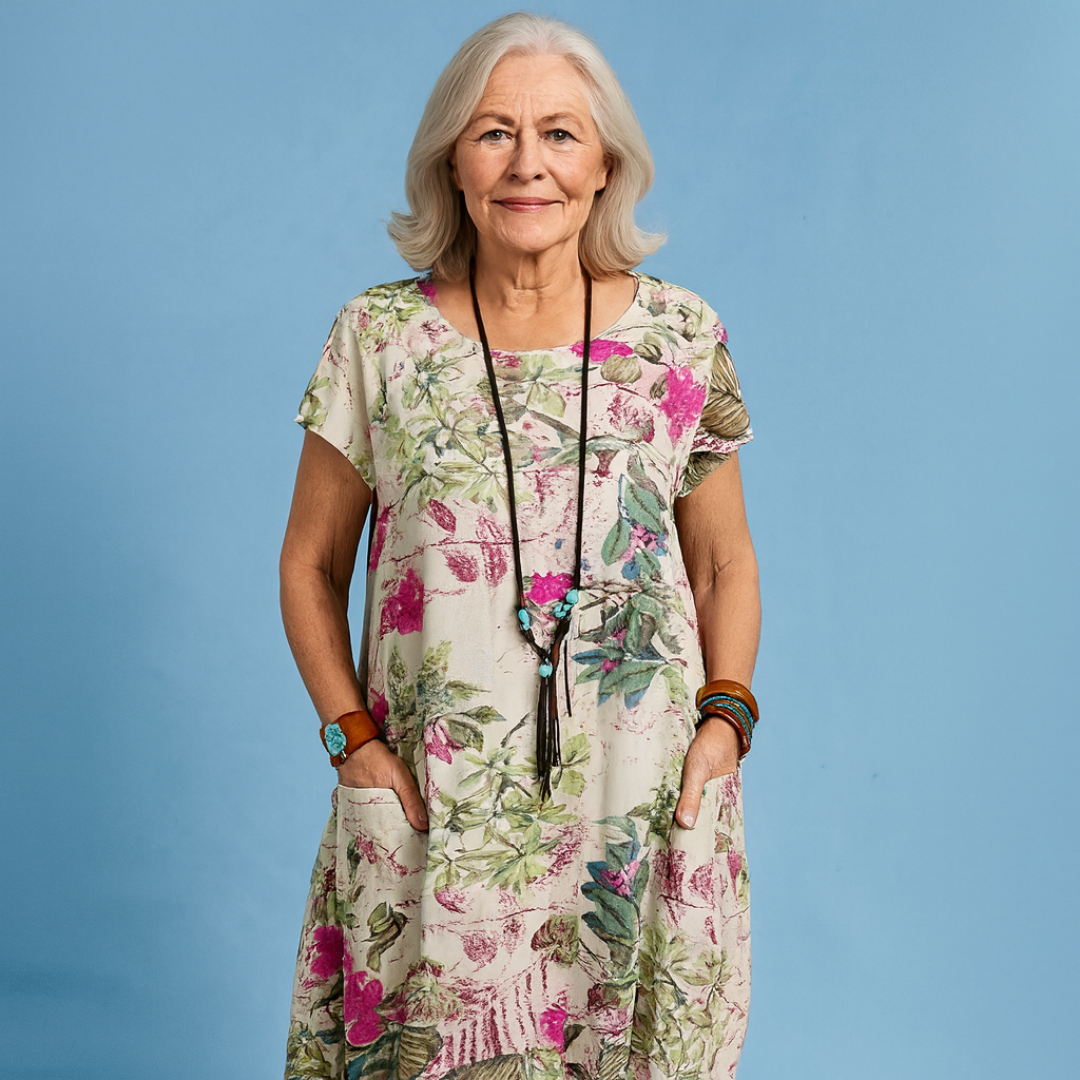 Chic women's floral print midi dress with functional pockets. A stylish short sleeve design for casual summer fashion.