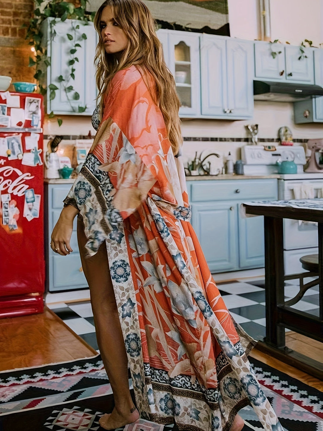 Women's floral print resort kimono, lightweight beach coverup for elegant summer vacation style.