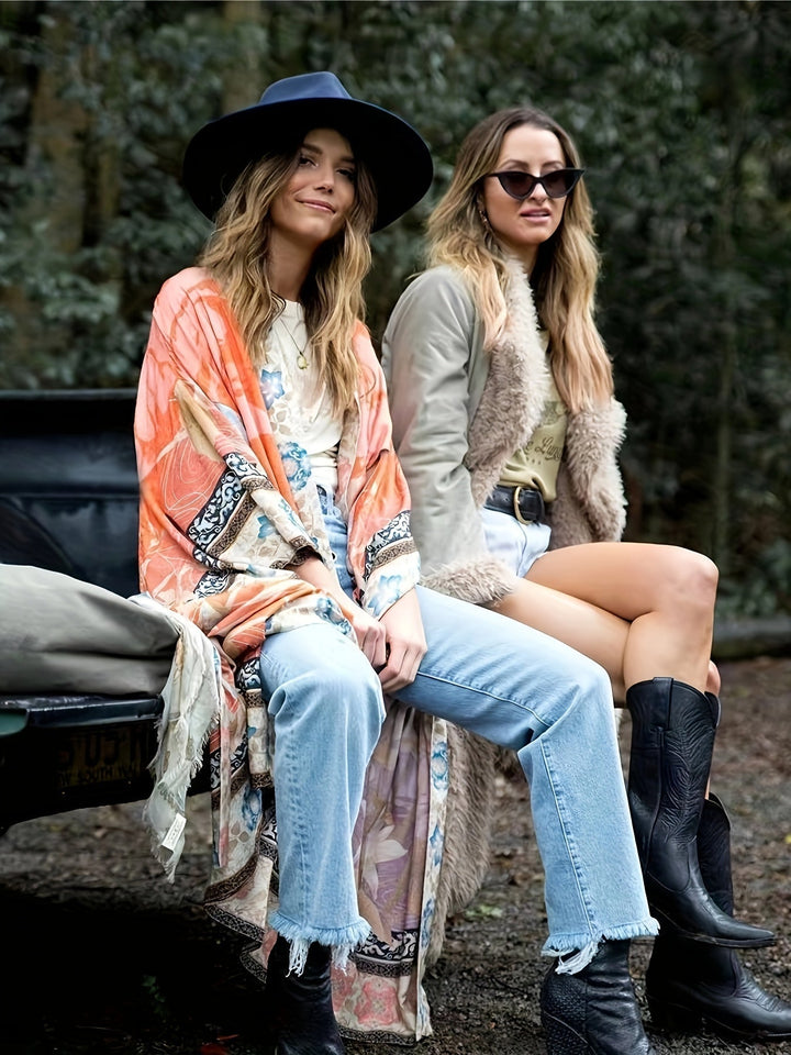 Elegant women's floral kimono, ideal as a lightweight beach cover-up or stylish resort wear for vacation.