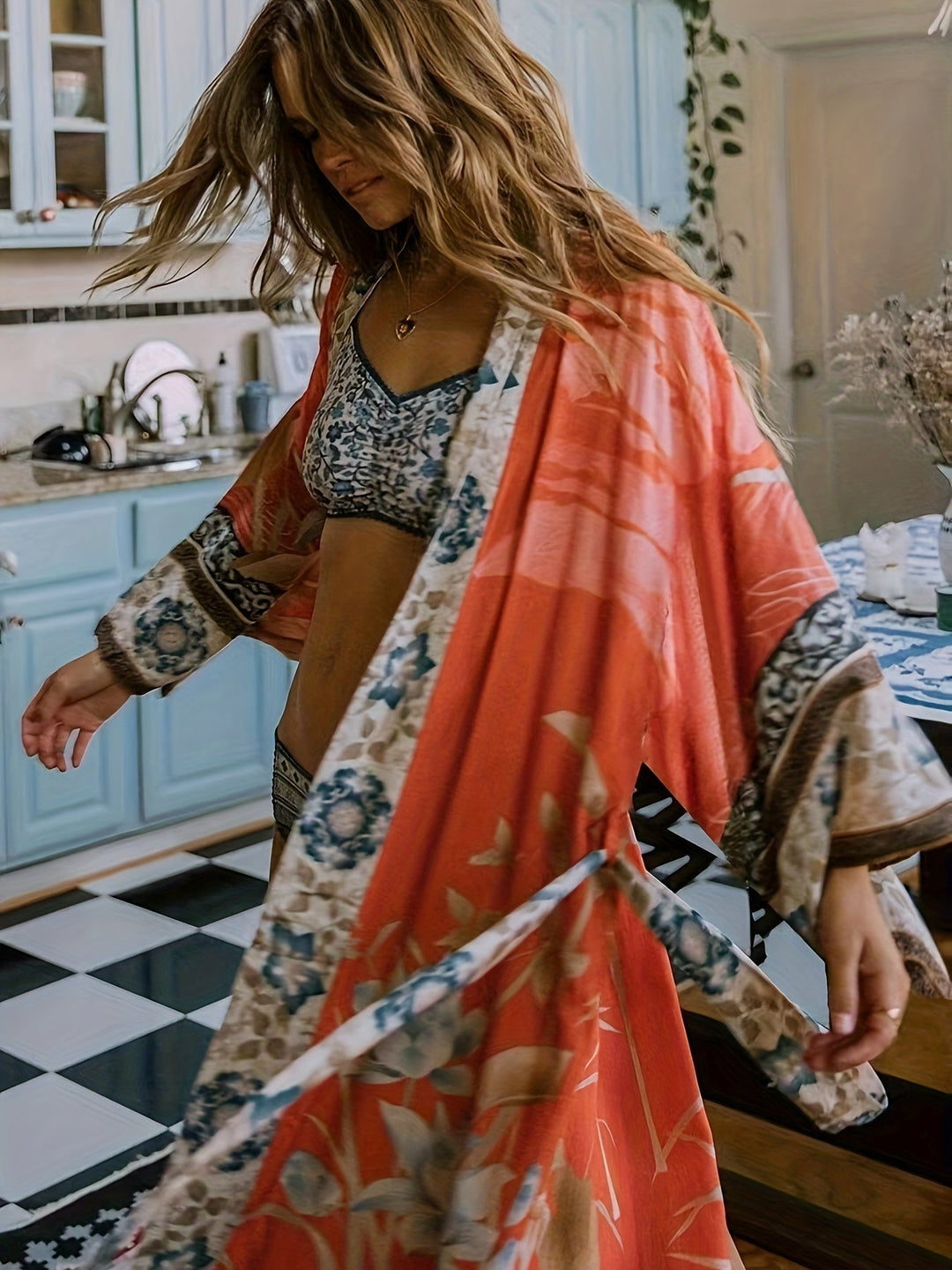 Versatile women's floral print kimono, a chic beach coverup or elegant open-front resort wear for summer.