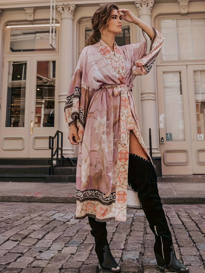 Vibrant floral print women's resort kimono, a flowing and lightweight beach coverup for summer elegance.