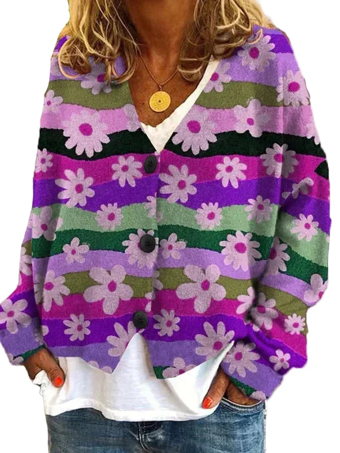 Women's floral stripe button-up cardigan, relaxed fit. Colorful, cozy, and stylish layering piece.