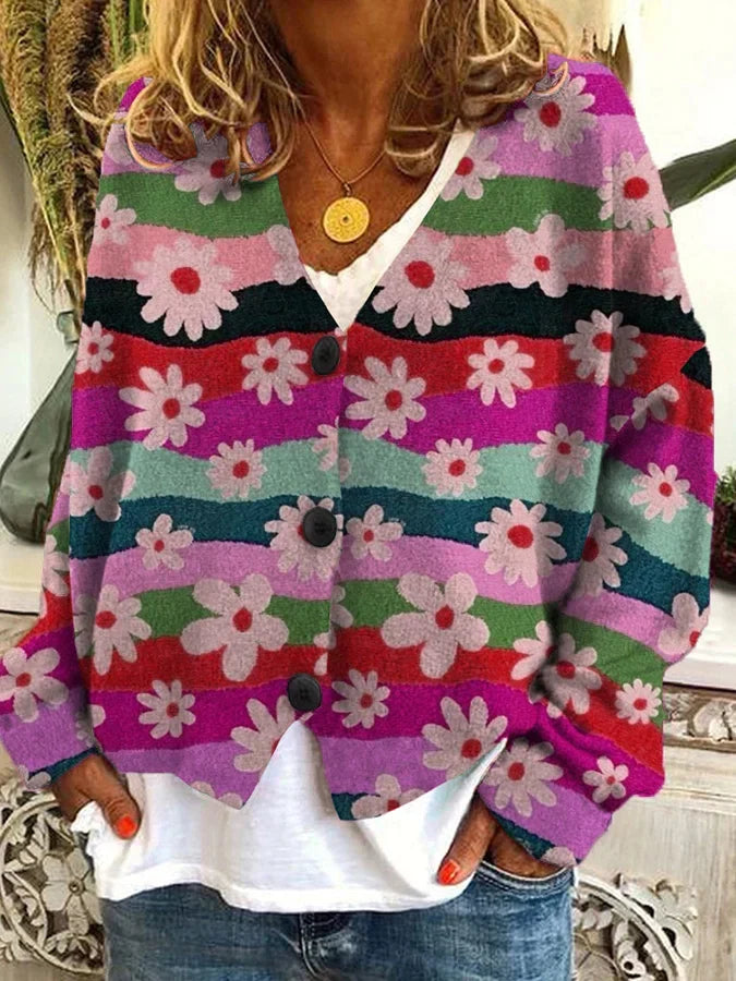 Cozy women's floral stripe button-up cardigan. Relaxed fit, versatile for layering, everyday style.