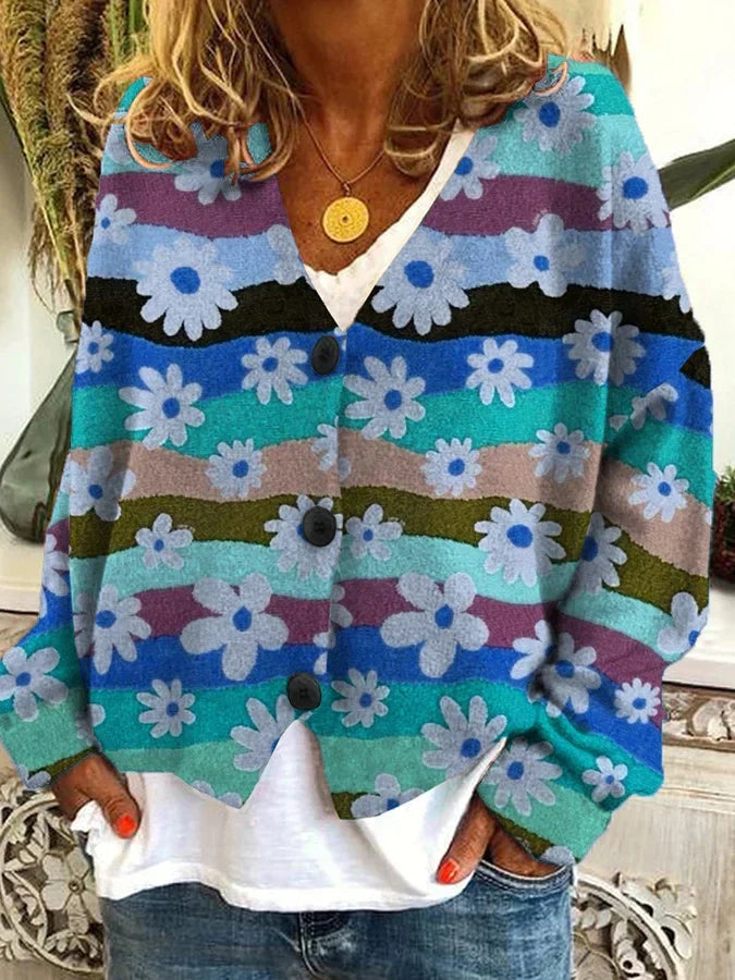 Colorful floral stripe women's button-up cardigan. Relaxed fit sweater, a chic statement piece for women.