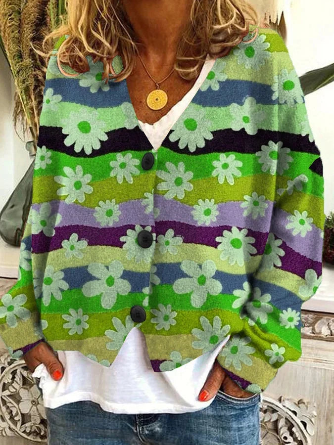 Women's relaxed fit floral stripe cardigan. Stylish button-up, ideal as a colorful everyday layering piece.