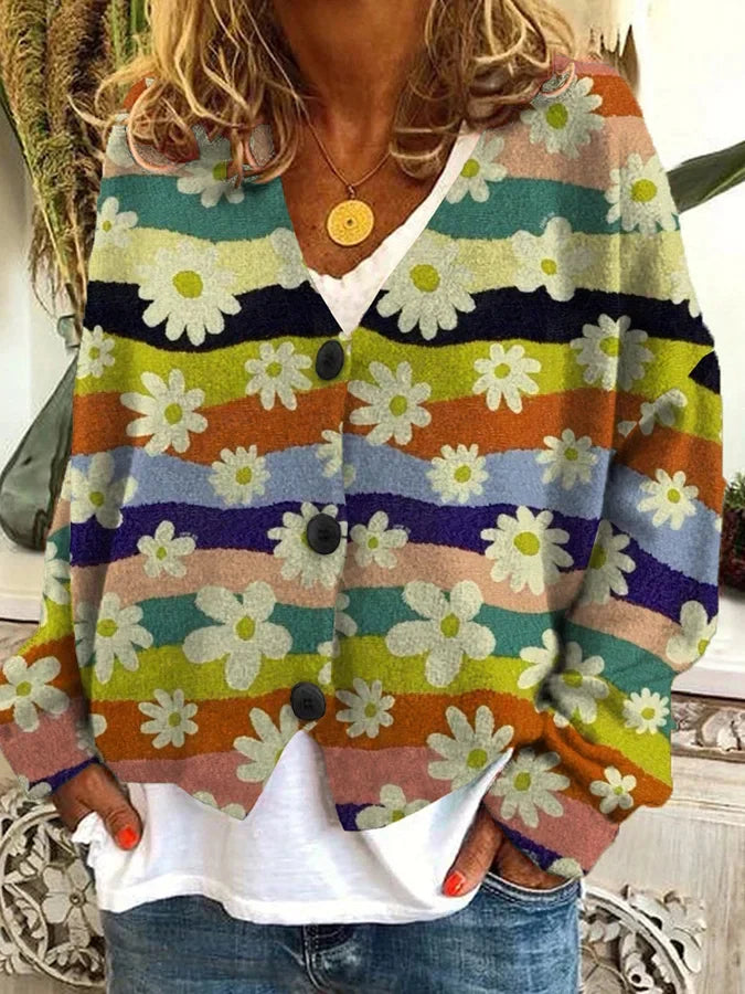 Elegant women's floral stripe button-up cardigan. Relaxed fit sweater, perfect for casual and versatile wear.